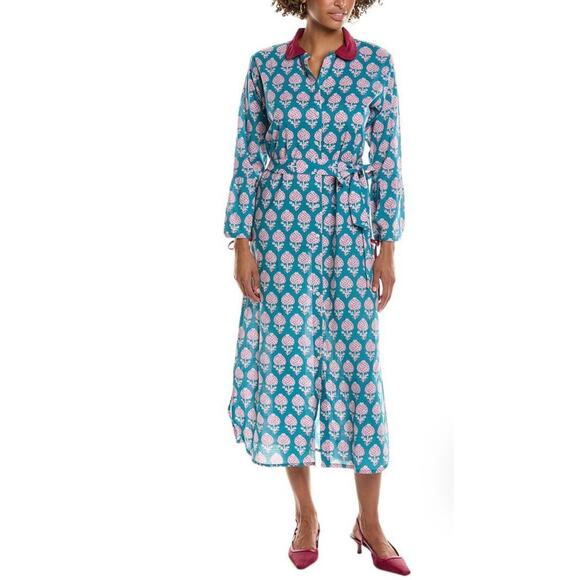NWT Pomegranate Teal Pom Flower Shifty ShirtdressCotton Maxi Belt Button… - Picture 1 of 16
